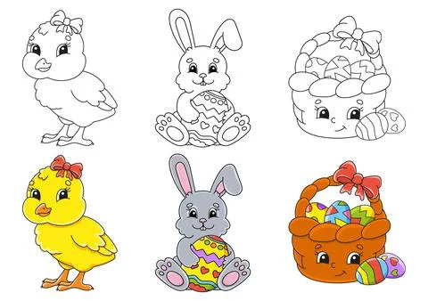 Easter theme. Set coloring page for kids. Cute cartoon characters. Black stro Stock Illustration