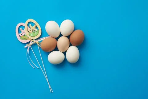 Easter theme template with chicken eggs and decorations Stock Photos