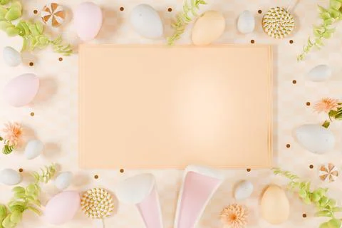 Easter themed flat lay with pastel eggs, flowers, and bunny ears Illustrazione stock