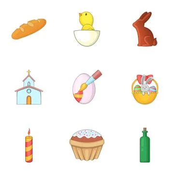 Easter things icons set, cartoon style Stock Illustration