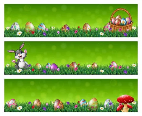 Easter three banners set with easter eggs, rabbit, basket and red mushroom 스톡 일러스트