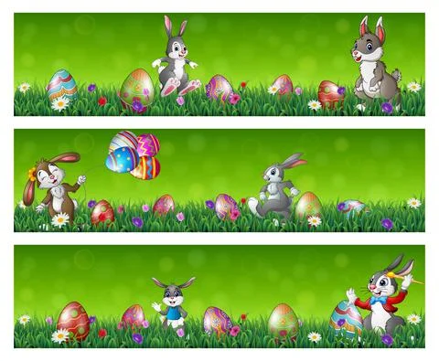 Easter three banners set with easter eggs and happy bunnies in a grass field Stock Illustration