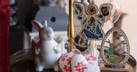 Easter tiered tray decorations featuring handcrafted designs and charming e.. 写真素材