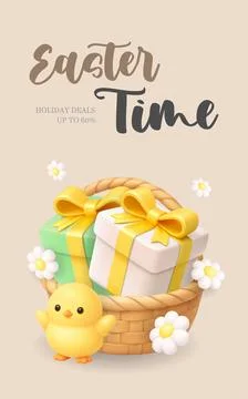 Easter time banner with chick and gift basket. 3D realistic holiday sale Stock Illustration