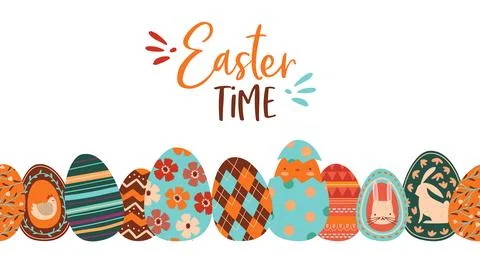 Easter time cute cartoon rabbit egg seamless pattern banner Illustrazione stock