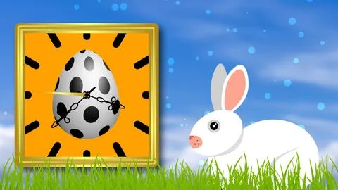 Easter time decorative clock with golden frame texture. Stock Illustration