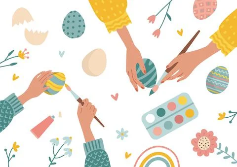 Easter top view scene - happy family preparing for Easter. Mother and daughter Stock Illustration