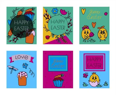 Easter traditional doodle banners - eggs, chickens, basket, Christian vector set Stock Illustration