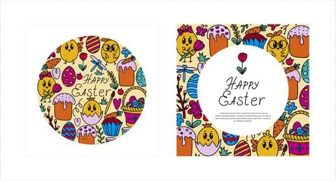 Easter traditional doodle banners - eggs, chickens, basket, Christian vector set Stock Illustration