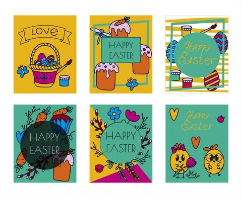 Easter traditional doodle banners - eggs, chickens, basket, Christian vector set Stock Illustration
