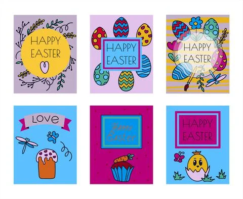 Easter traditional doodle banners - eggs, chickens, basket, Christian vector set Stock Illustration