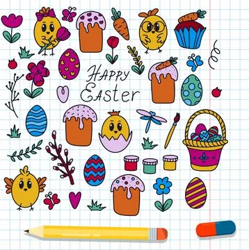 Easter traditional doodle collection - eggs, chickens, basket, Christian vector Stock Illustration
