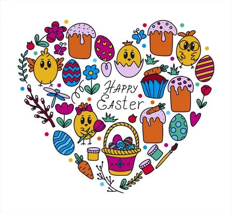 Easter traditional doodle collection - eggs, chickens, basket, Christian vector Stock Illustration