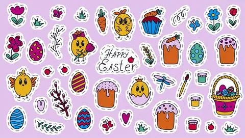Easter traditional doodle collection - eggs, chickens, basket, Christian vector Stock Illustration