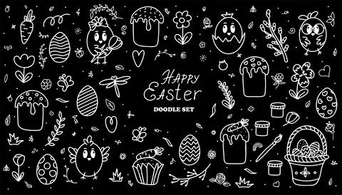 Easter traditional doodle collection - eggs, chickens, basket, Christian vector Stock Illustration