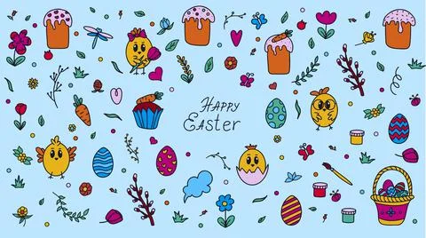 Easter traditional doodle collection - eggs, chickens, basket, Christian vector Stock Illustration