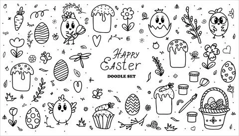 Easter traditional doodle collection - eggs, chickens, basket, Christian vector Stock Illustration