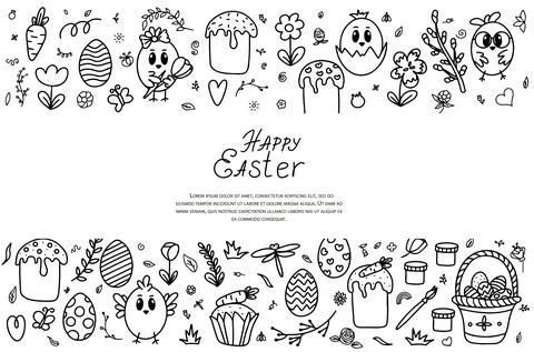 Easter traditional doodle collection - eggs, chickens, basket, Christian vector Stock Illustration