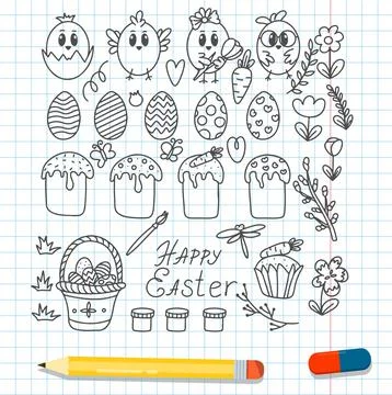 Easter traditional doodle collection - eggs, chickens, basket, Christian vector Stock Illustration