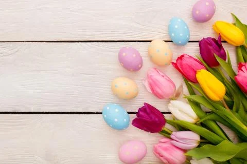 Easter traditional objects isolated on wooden background tulips and eggs Stock Photos
