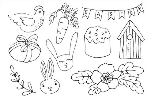 Easter traditional symbols collection. Vector drawings set isolated on white  Stock Illustration
