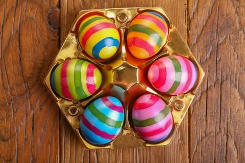 Easter traditions. Compositions with painted Easter eggs Stock Photos