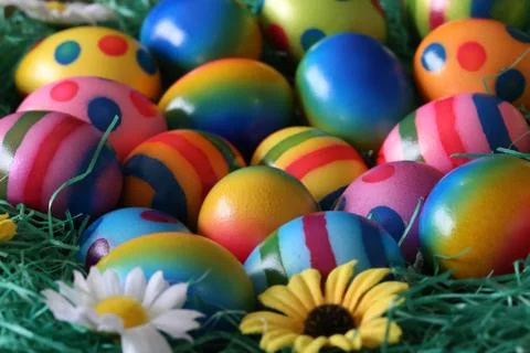 Easter traditions. Compositions with painted Easter eggs Stock Photos