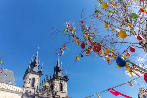 Easter tree and Gothic spires in Prague Stock Photos