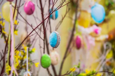Easter tree. Colorful handmade Easter elements: eggs, ribbons. Easter bright, Stock Photos