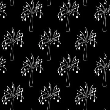 Easter tree. Drawing with white lines. Seamless horizontal border. イラスト素材