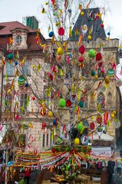 Easter Tree at the Old Town Square in Prague. Easter market, Czech republic. Stock Photos