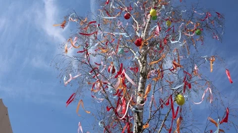 Easter tree with ribbons and eggs in wind spring scene Stock Footage 331812151