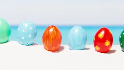 Easter on tropical beach background. Eggs on the white sand. Vacation and t.. Video stock 236014963