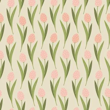 Easter tulips on seamless pattern. Easter eggs, branches, flowers in pastel イラスト素材