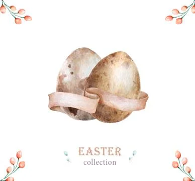 Easter two eggs with ribbon Cute watercolor illustration boho style on white  Stock Illustration
