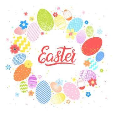 Easter typography Easter - hand drawn lettering with colorful eggs,flowers an Stock Illustration