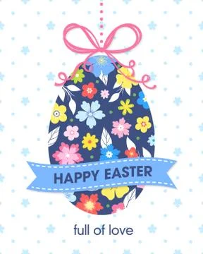 Easter typography.Colorful hanging Easter egg with ribbon and text. Seasons g Stock Illustration
