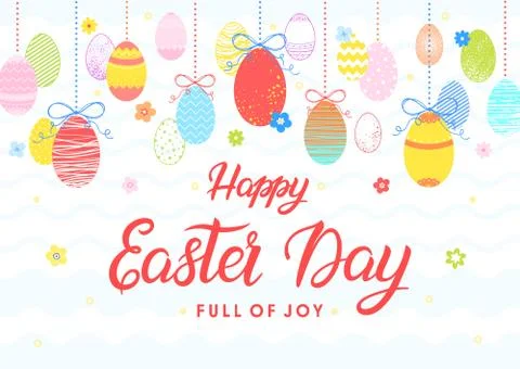 Easter typography.Happy Easter Day - hand drawn lettering with colorful eggs  Stock Illustration