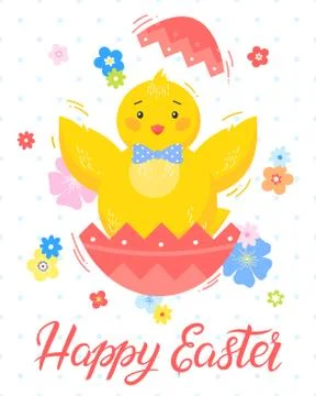 Easter typography.Happy Easter - hand drawn lettering with cute little chick, Stock Illustration