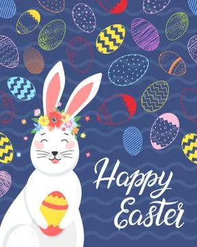 Easter typography.Happy Easter - hand drawn lettering with colorful eggs,cute Stock Illustration