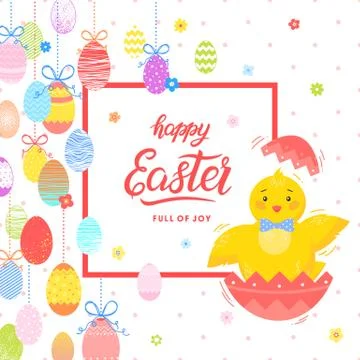 Easter typography.Happy Easter - hand drawn lettering with colorful eggs, flo Stock Illustration