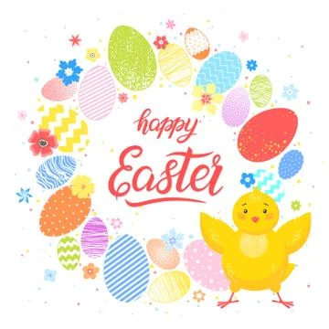 Easter typography.Happy Easter - hand drawn lettering with cute little chick, Stock Illustration