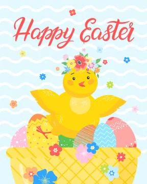 Easter typography.Happy Easter - hand drawn lettering with cute little chick, Stock Illustration