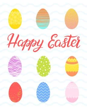 Easter typography.Happy Easter - hand drawn lettering with different colorful Illustrazione stock