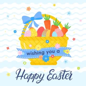 Easter typography.Happy Easter - hand drawn lettering and Easter basket with  Stock Illustration