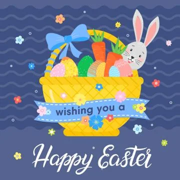 Easter typography.Happy Easter - hand drawn lettering and Easter basket with  Stock Illustration