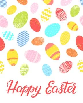 Easter typography.Happy Easter - hand drawn lettering with colorful eggs patt Stock Illustration