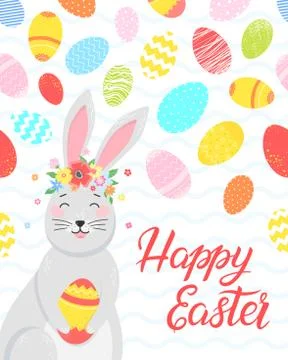 Easter typography.Happy Easter - hand drawn lettering with colorful eggs,cute Stock Illustration