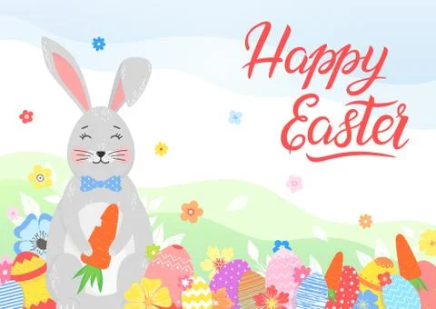 Easter typography.Happy Easter - hand drawn lettering with colorful eggs,diff Stock Illustration