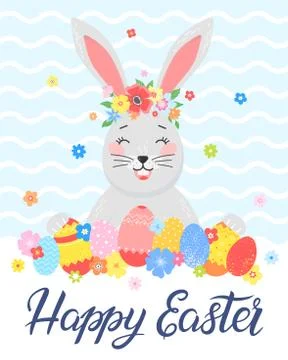 Easter typography.Happy Easter - hand drawn lettering with colorful eggs,cute Stock Illustration